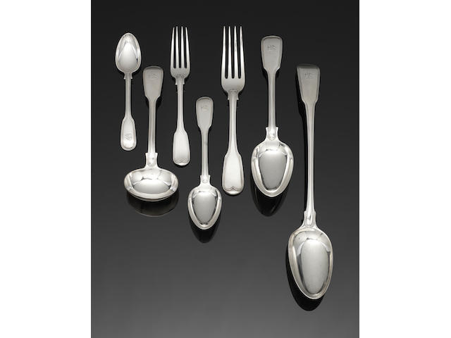 An early 19th century silver Fiddle and Thread pattern table service of flatware by William Eaton, London 1837  (87)