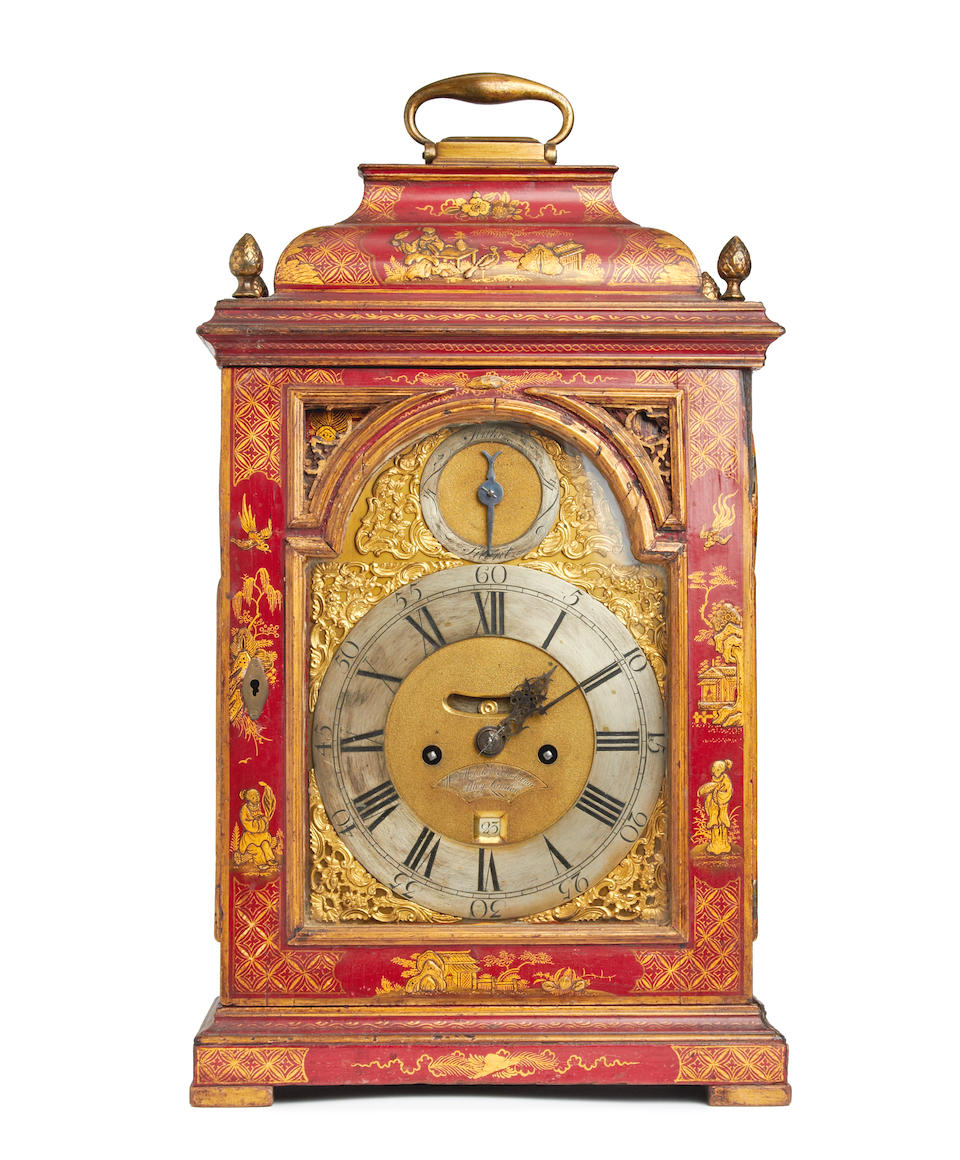 A good 18th century twin fusee bracket clock, with red lacquer 'Chinoiserie' decoration William Webster, Exchange Alley, London