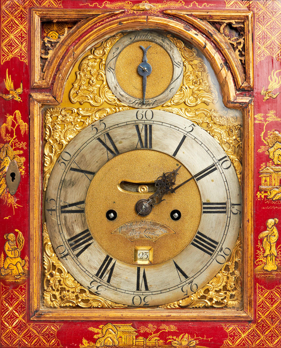 A good 18th century twin fusee bracket clock, with red lacquer 'Chinoiserie' decoration William Webster, Exchange Alley, London