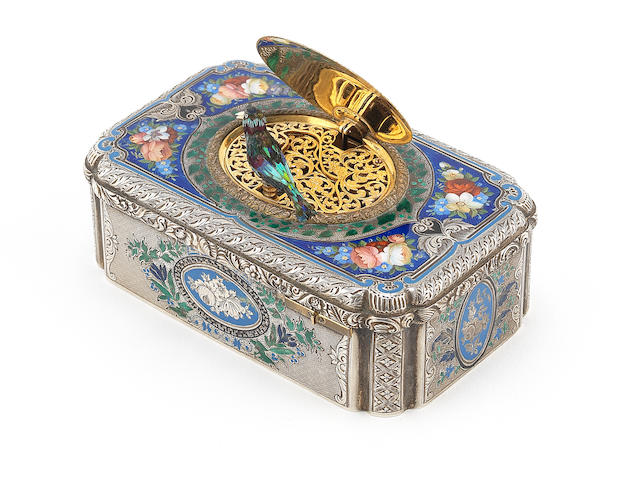 A Jacques Bruguier silver and enamel singing bird box, Swiss, circa 1835,