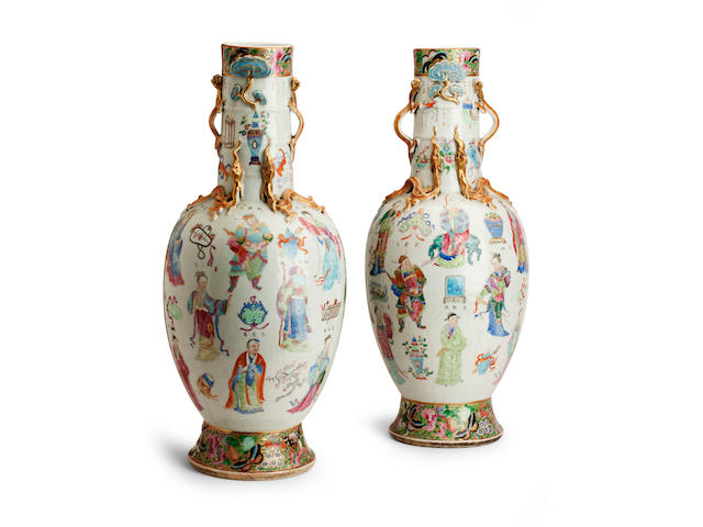 A pair of large and impressive famille rose 'Table of the Peerless Heroes' vases 19th century