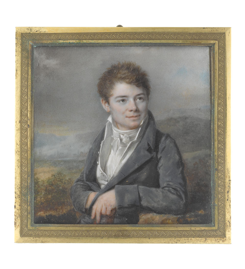 Louis Li&#233; P&#233;rin-Salbreux (French, 1753-1817) The artist's son, Hyppolite P&#233;rin (d.1827), seated in a landscape and wearing a blue coat, white waistcoat, chemise and tied stock