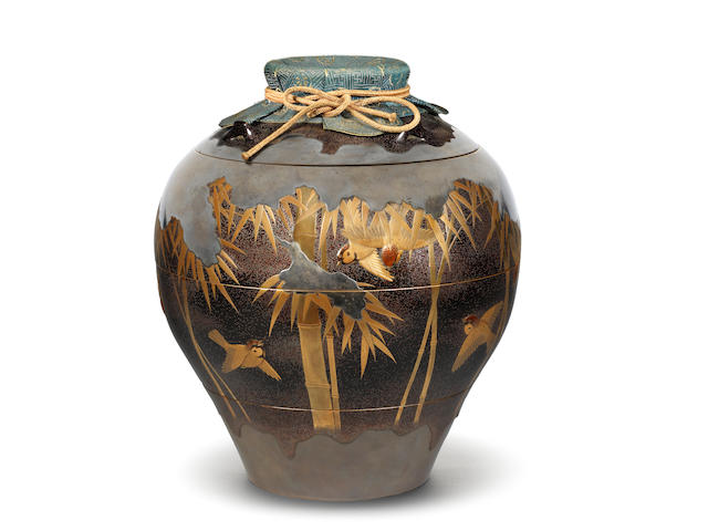 An unusual and fine lacquer jubako (tiered box) and cover in the form of a chatsubo (tea jar) By Nakayama Komin (1808-1870), mid 19th century