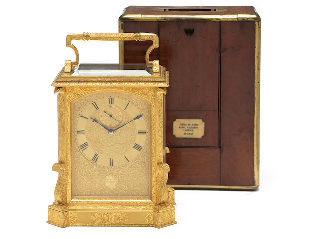 A rare and fine mid 19th century engraved quarter striking giant carriage clock with the original brass bound mahogany case James McCabe, Royal Exchange, London, number 2927