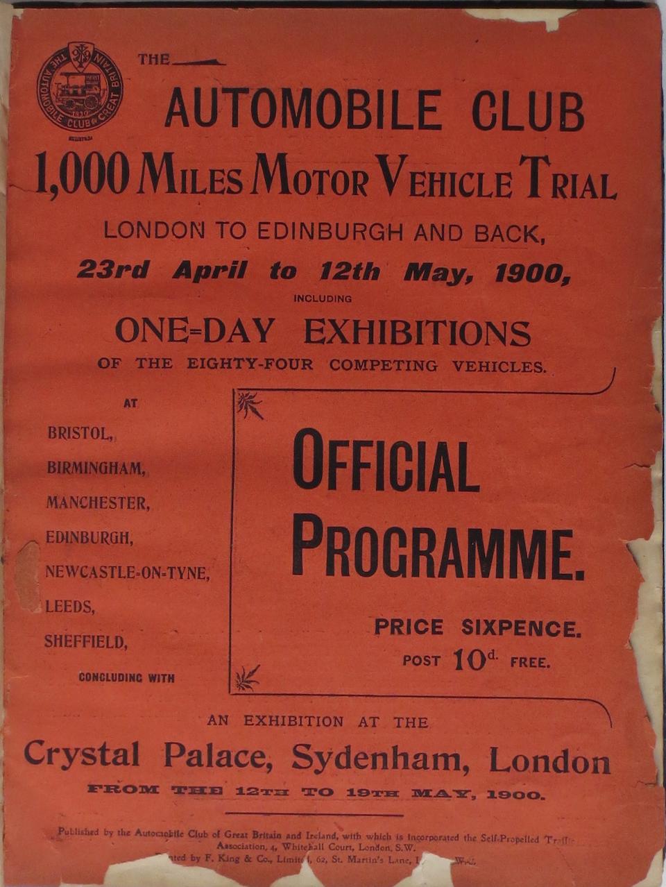 A '1,000 Miles Motor Vehicle Trial' official programme, 1900,
