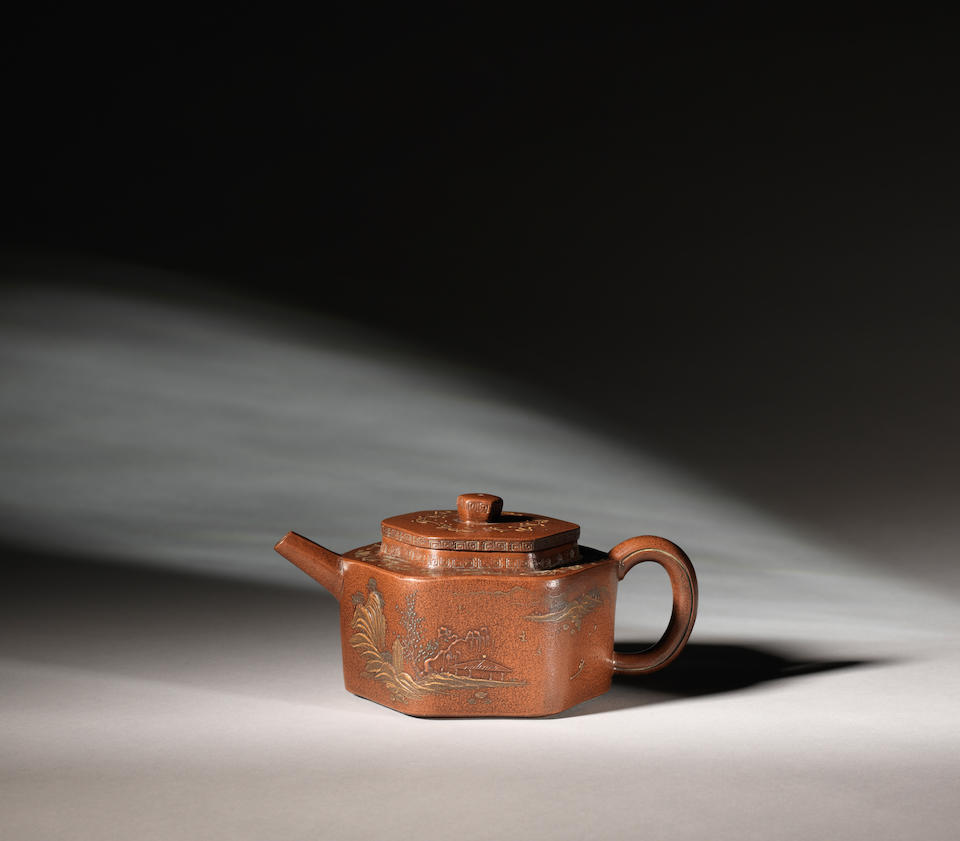 A Yixing slip-decorated hexagonal teapot and cover Qing dynasty