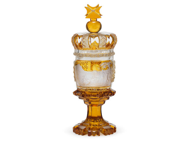 An exceptional Bohemian amber-stained goblet and crown cover, circa 1850-70