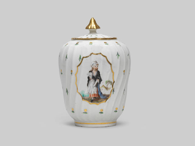 An important Caughley tea canister and cover by Fidelle Duvivier, circa 1792