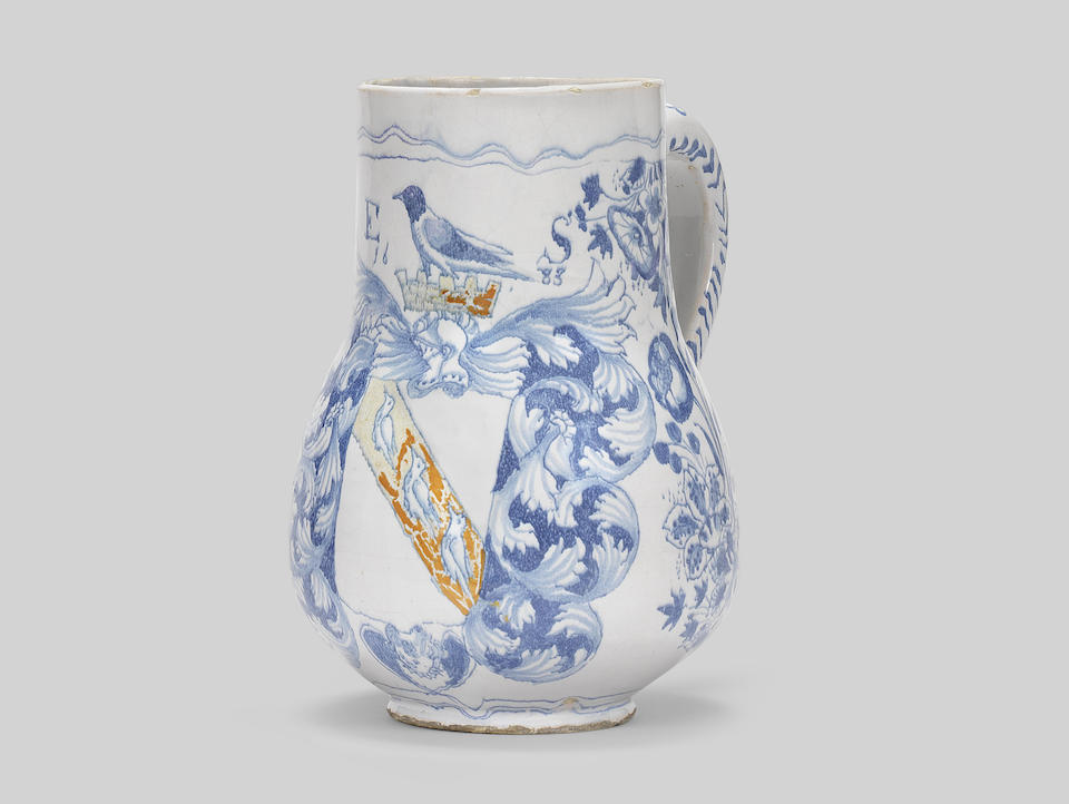 An important London armorial delftware mug, probably Southwark, dated 1683
