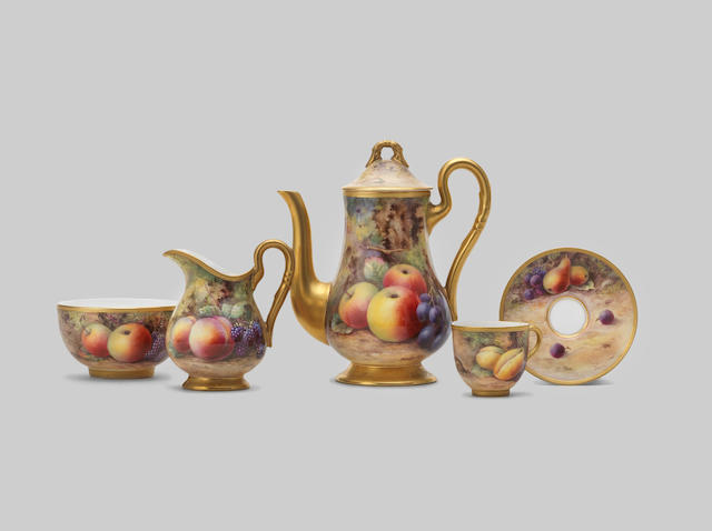 A Royal Worcester Painted Fruit coffee service by Tom Lockyer, dated 1922