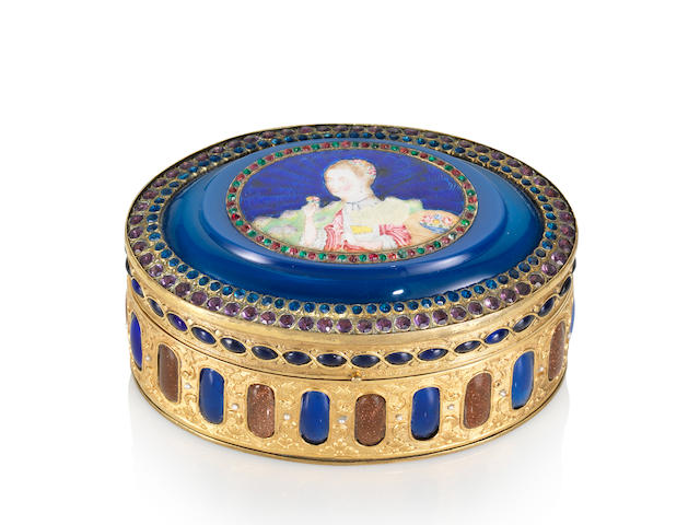 A fine and very rare embellished gilt-bronze and famille rose blue-ground enamel 'European lady' oval snuff box Qianlong, circa 1760-1780