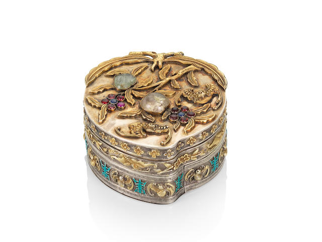 A very rare embellished silver-gilt and enamel 'longevity' peach-shaped box and cover Late Qianlong/Jiaqing, two impressed Chinese maker's marks