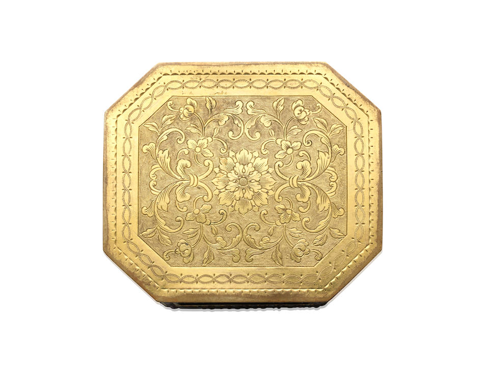 A very fine embellished gilt-bronze, jadeite and glass oblong octagonal cage-mounted snuff box and cover Qianlong, circa 1750