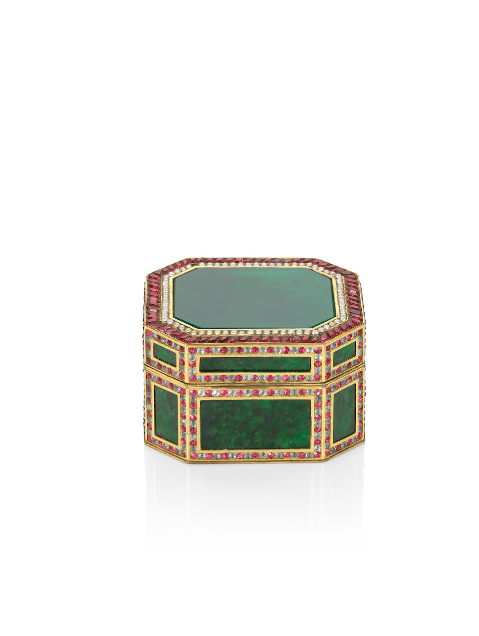 A very fine embellished gilt-bronze, jadeite and glass oblong octagonal cage-mounted snuff box and cover Qianlong, circa 1750