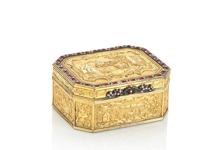 A very fine and rare embellished gilt-bronze oblong octagonal 'European landscape' snuff box and cover Qianlong, circa 1740-1760