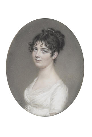 John Smart (British, 1742-1811) Miss E. Kent, wearing white dress with gauze fill-in, her hair upswept and dressed with a strand of pearls