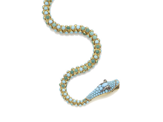 A turquoise, garnet and diamond serpent necklace,