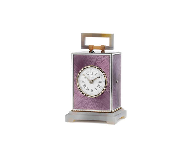 An early 20th century French guilloche enamel petite sonnerie boudoir clock Cartier, number 126 36