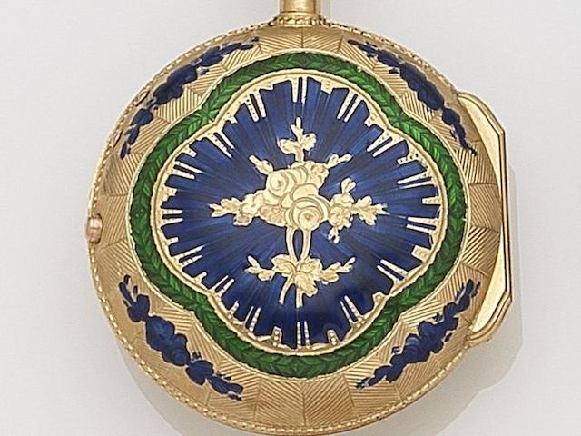 Marchand, Paris. A continental gold and enamel key wind open face pocket watch Movement No.4957, Circa 1820