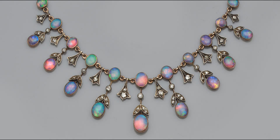 An opal and diamond fringe necklace