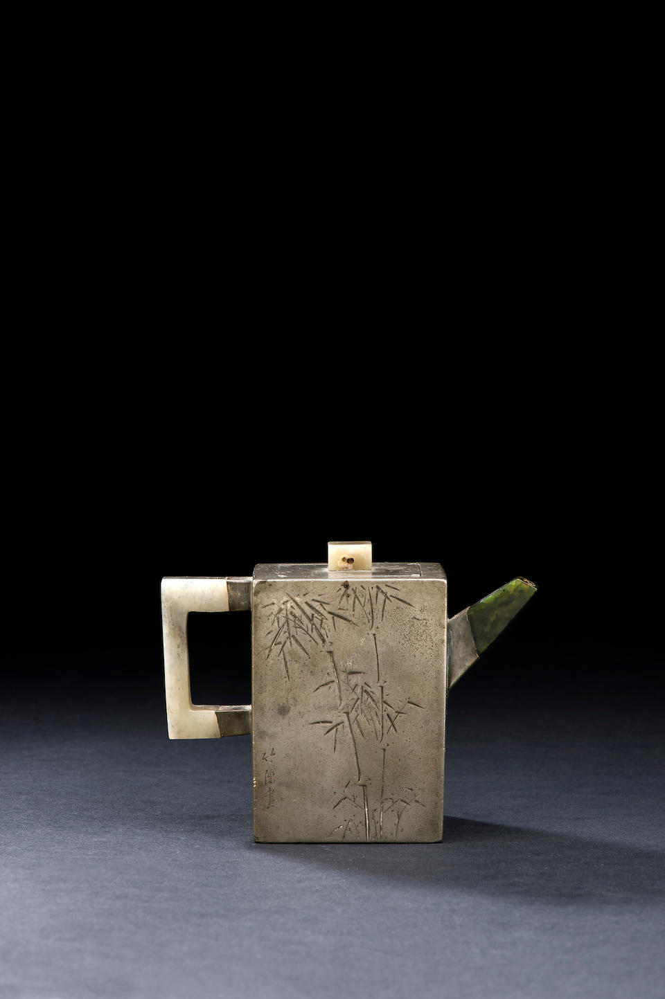 An inscribed Yixing stoneware rectangular pewter-cased teapot and cover Daoguang, signed Yang Pengnian