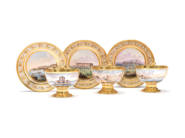 A very rare set of six Naples, Poulard Prad, gold-ground topographical cups and saucers, circa 1810-18