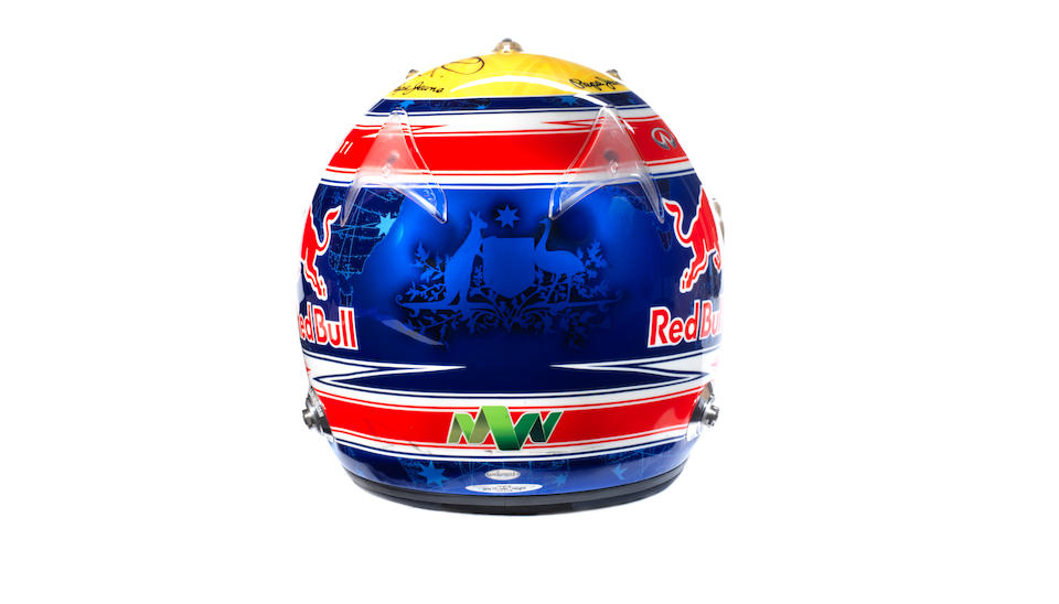 A signed Mark Webber helmet by Arai, used during the race weekend at the Italian Grand Prix, Monza, 2013