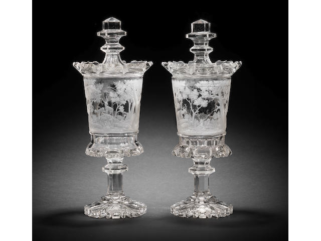 A very fine pair of Bohemian clear glass goblets and covers, circa 1840-50