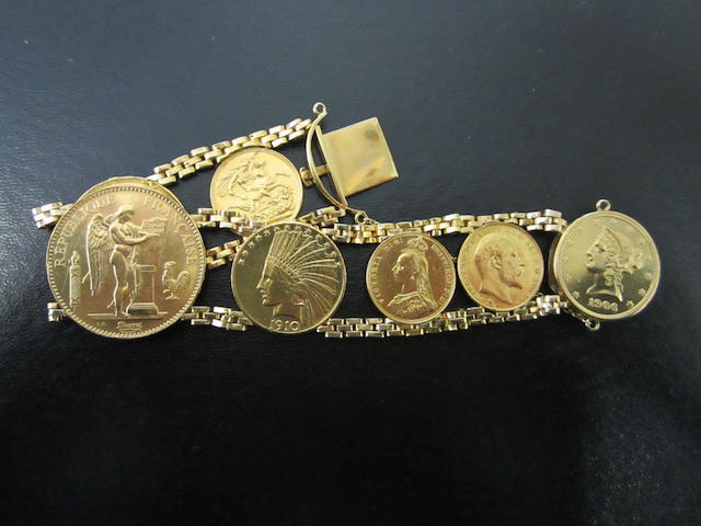 Coin Bracelet, comprising three Sovereigns, 1887, 1904, 1915; Two Pounds, 1887. Austria, 100 Francs, 1911. U.S.A., 10 Dollars, 1906, 1910.
