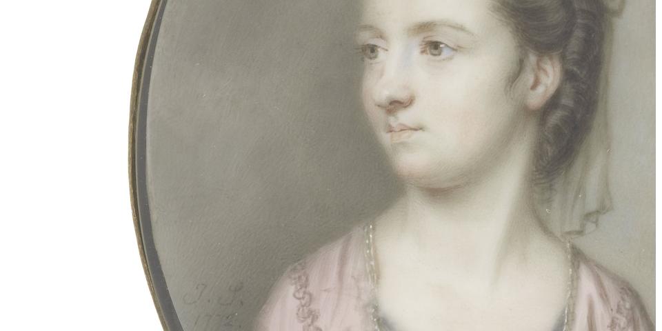 John Smart (British, 1742-1811) Isabella Perceval n&#233;e Paulett, Countess of Egmont (d.1821), wearing powder pink dress slashed to reveal white bodice edged with blue and secured in place with sapphire and pearl clasps, her brown hair upswept beneath a diaphanous veil falling behind her shoulders