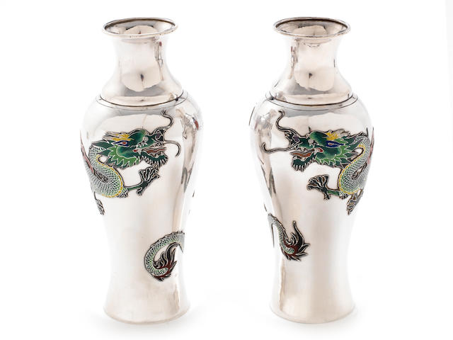 A pair of impressive early 20th century Chinese enamelled silver vases maker's mark 'PK', also stamped 'POHING' with two character mark stamps, Canton, circa 1920 (2)