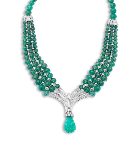Bonhams : An emerald bead and diamond necklace,