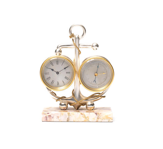 A late 19th century French novelty silvered brass combination timepiece/barometer in the form of an anchor