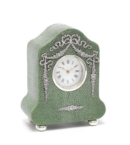 An Edwardian silver-mounted shagreen clock the silver mounts with maker's mark "W(?)A", London 1904