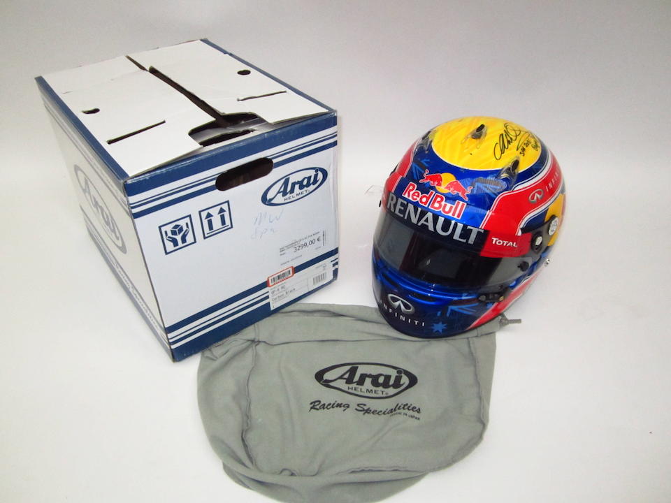 A signed Mark Webber helmet by Arai, used during the race weekend at the Belgian Grand Prix, Spa, 2013,