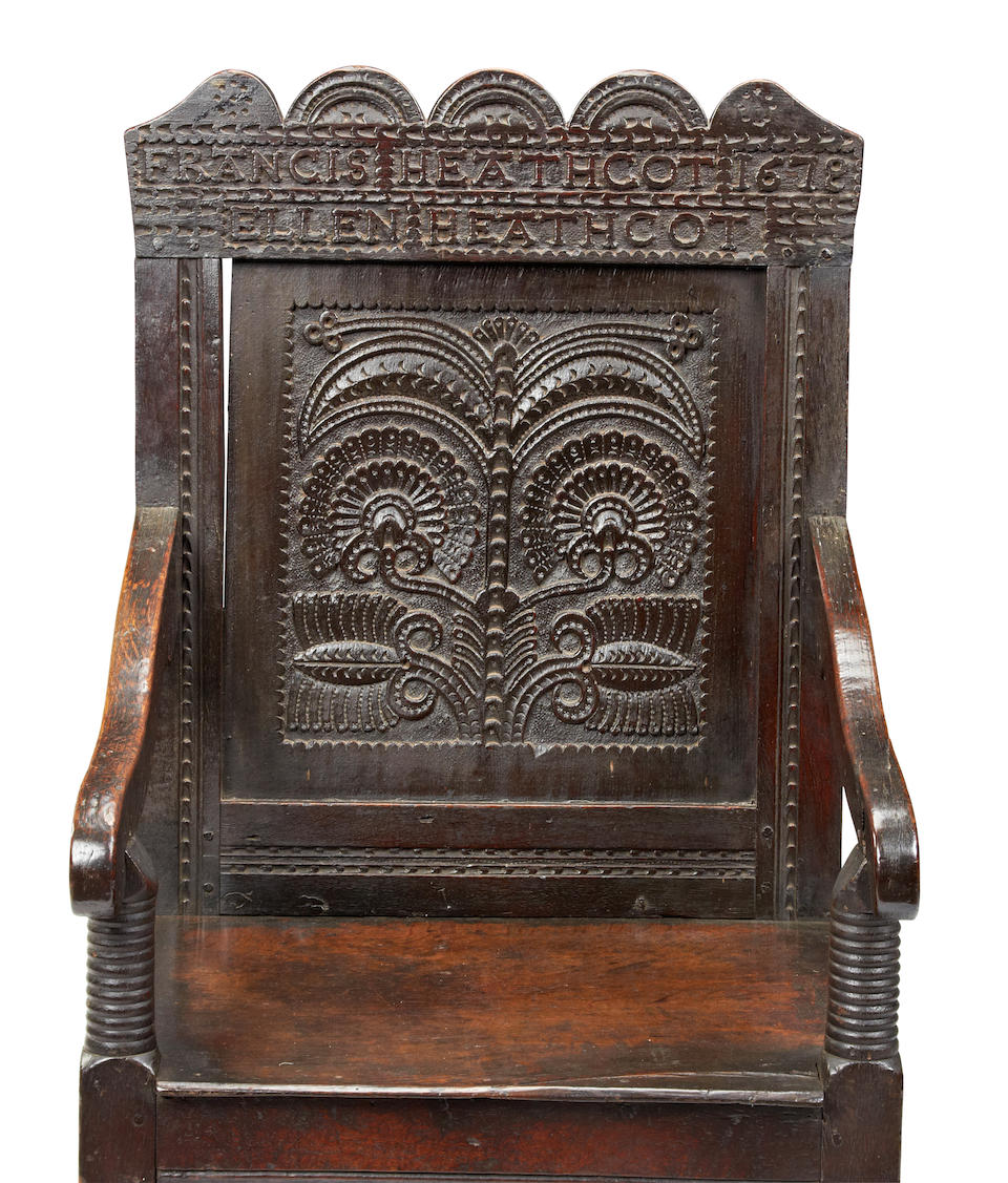 A extremely rare pair of Charles II commemorative oak panel-back open armchairs, named and dated, Cheshire/Derbyshire