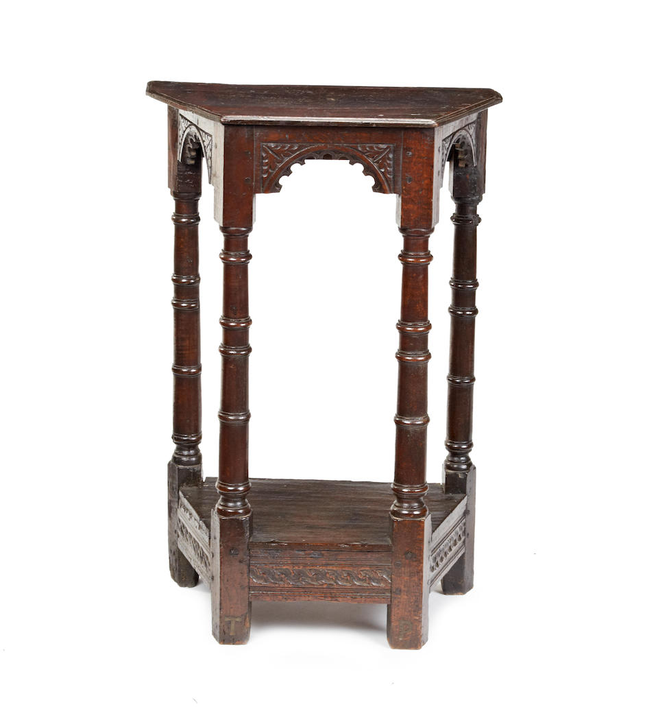 An exceptionally rare small early 17th century oak upright side table, possibly Salisbury, circa 1620-30 Popularly referred to as credence-table form