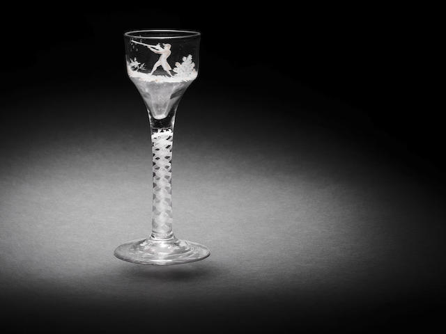 An important Beilby enamelled opaque-twist wine glass, circa 1770