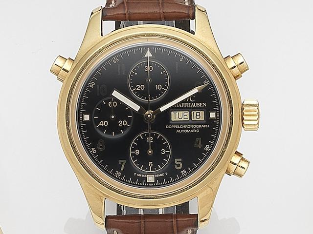 IWC. An 18ct gold automatic calendar chronograph wristwatch with split seconds Der Doppelchronograph, Ref:3713, Case No.2540013, Circa 1995