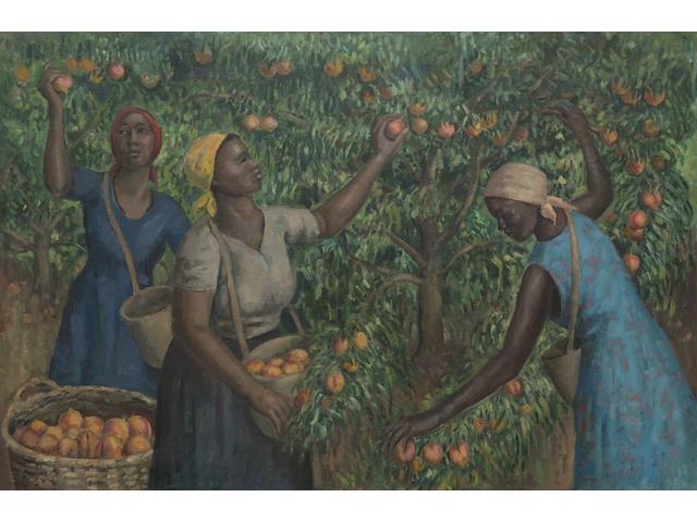 Alfred Neville Lewis (South African, 1895-1972) The peach pickers, Franschhoek