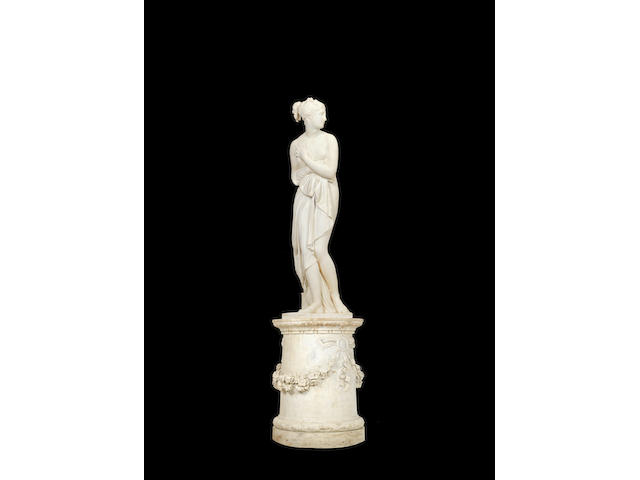 After Antonio Canova, Italian (1757-1822): An impressive 19th century carved white marble figure of Venus Italica on cylindrical plinth