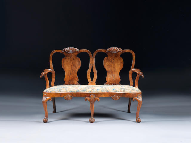 A George II walnut double chair-back settee