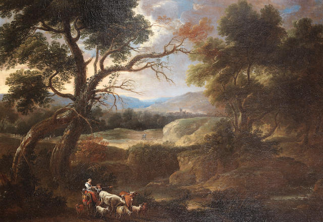 Dutch School, 18th Century  Drovers resting with their flocks in an extensive hillside landscape