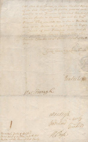 ANNE'S PRIVY COUNCIL &#8211; DUKE OF MARLBOROUGH Letter signed by members of Queen Anne's Privy Council, including the Duke of Marlborough ("Marlborough"), to the Duke of Bedford, "From the Councill Chamber at St James's the 18th of March 1707" [1708 NS]