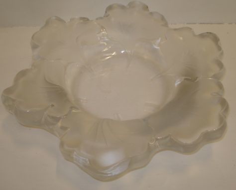 A crystal Lalique frosted and clear glass bowl, the rim moulded with Ginkgo leaves, 13cm, engraved 'Lalique France, 12879', 31cm. image 1