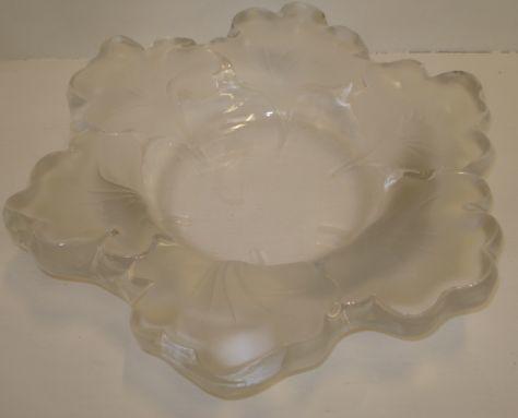 A crystal Lalique frosted and clear glass bowl, the rim moulded with Ginkgo leaves, 13cm, engraved 'Lalique France, 12879', 31cm.