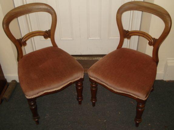 A set of six Victorian mahogany balloon back dining chairs,with 'C' scroll bar backs, stuff-over seats, on turned legs.