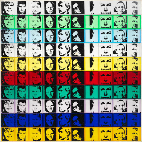 Andy Warhol (American, 1928-1987) Portraits of the Artists, from Ten from Leo Castelli Multiple, 1967, comprised of 100 polystyrene boxes in ten colours, each screenprinted in black, with incised initials and numbering 186/200 on the light blue box with Warhol's portrait, printed by Fine Creations, Inc., New York, published by Tanglewood Press, Inc., New York, overall 508 x 508mm (20 x 20in)(I)