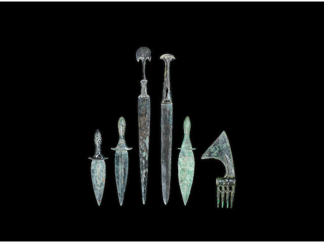 Three Elamite bronze daggers and three Luristan bronze weapons 6