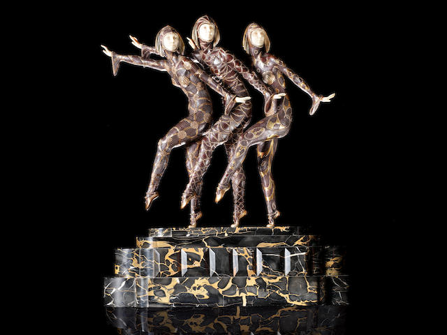 Demetre Chiparus (1886-1947) 'Les Girls' a Cold-Painted Bronze and Carved Ivory Group, circa 1925